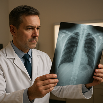 Врач-рентгенолог изучает снимок флюорографии лёгких